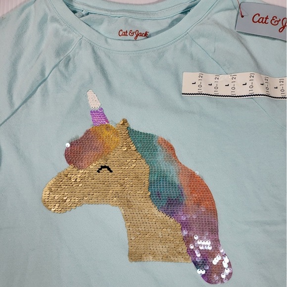 Cat & Jack Girls' Sequin Unicorn Shirt Short Sleeve Top Blue Size L - Picture 2 of 6